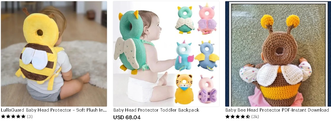 three different listings of baby head protectors in different shapes: bees, butterflies, tigers, and more.