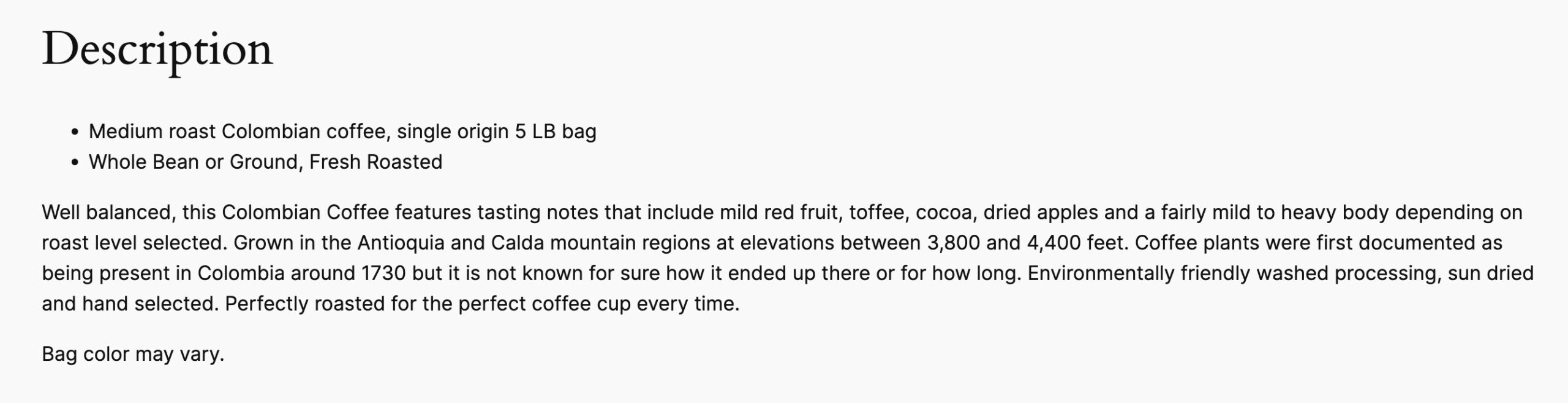 dropship coffee: a coffee description example that shows roast type, bean type, and a description of notes, regions, and more