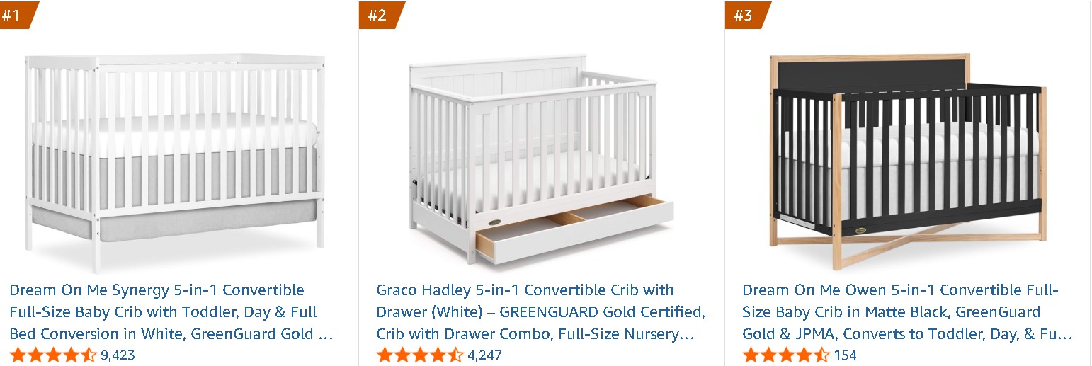 three different listings of convertible cribs in different colors