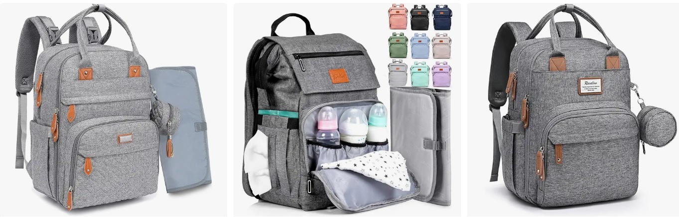 a grey, spacious diaper backpack that carries diapers, baby bottles, and other items