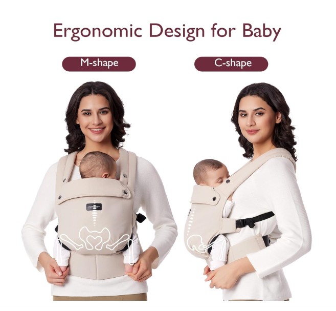 dropship baby products: a woman with an ergonomic baby carrier showing two different shapes or the carrier