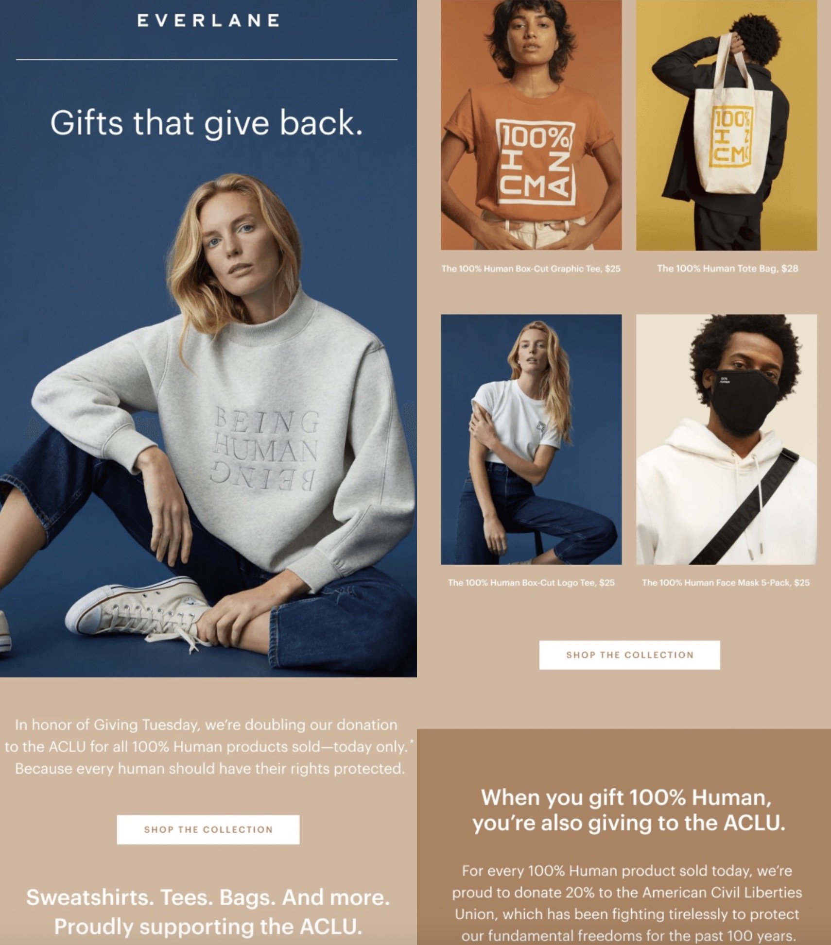 Everlane Giving Tuesday email promoting the 100% Human collection, featuring models wearing sweatshirts, tees, tote bags, and masks, with a message about supporting the ACLU.