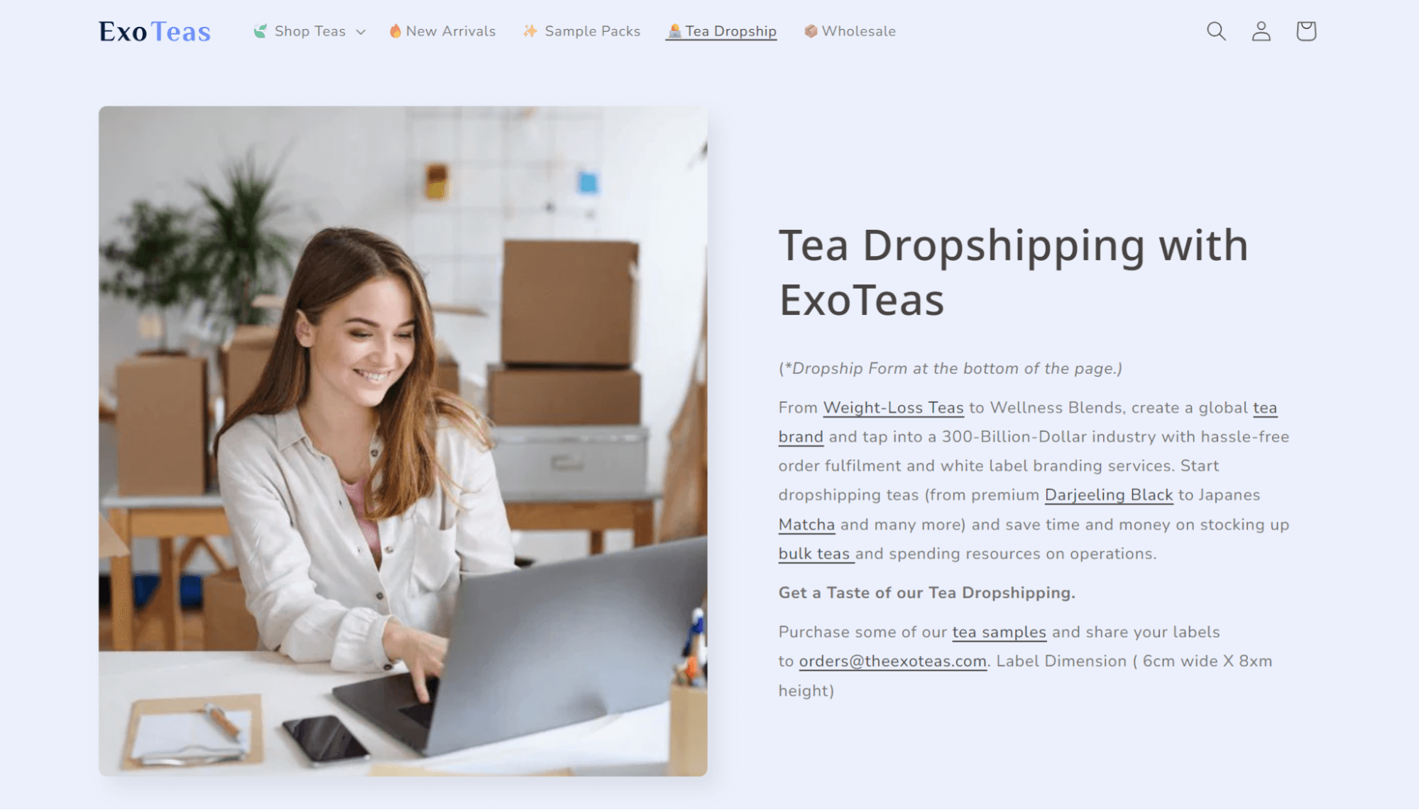 tea dropshipping: ExoTeas website's home page