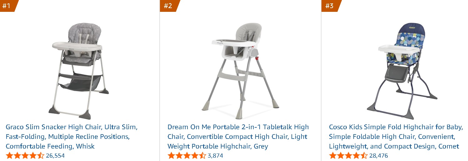three different listings of high chairs for babies