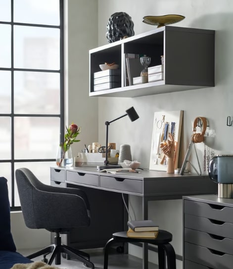 dropship furniture: home office furniture, including a writing desk, lamp, chair, and drawers/shelves.