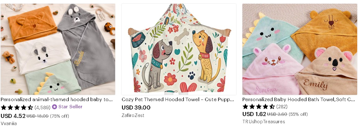 three different listings of hooded towels for babies in different shapes and character prints
