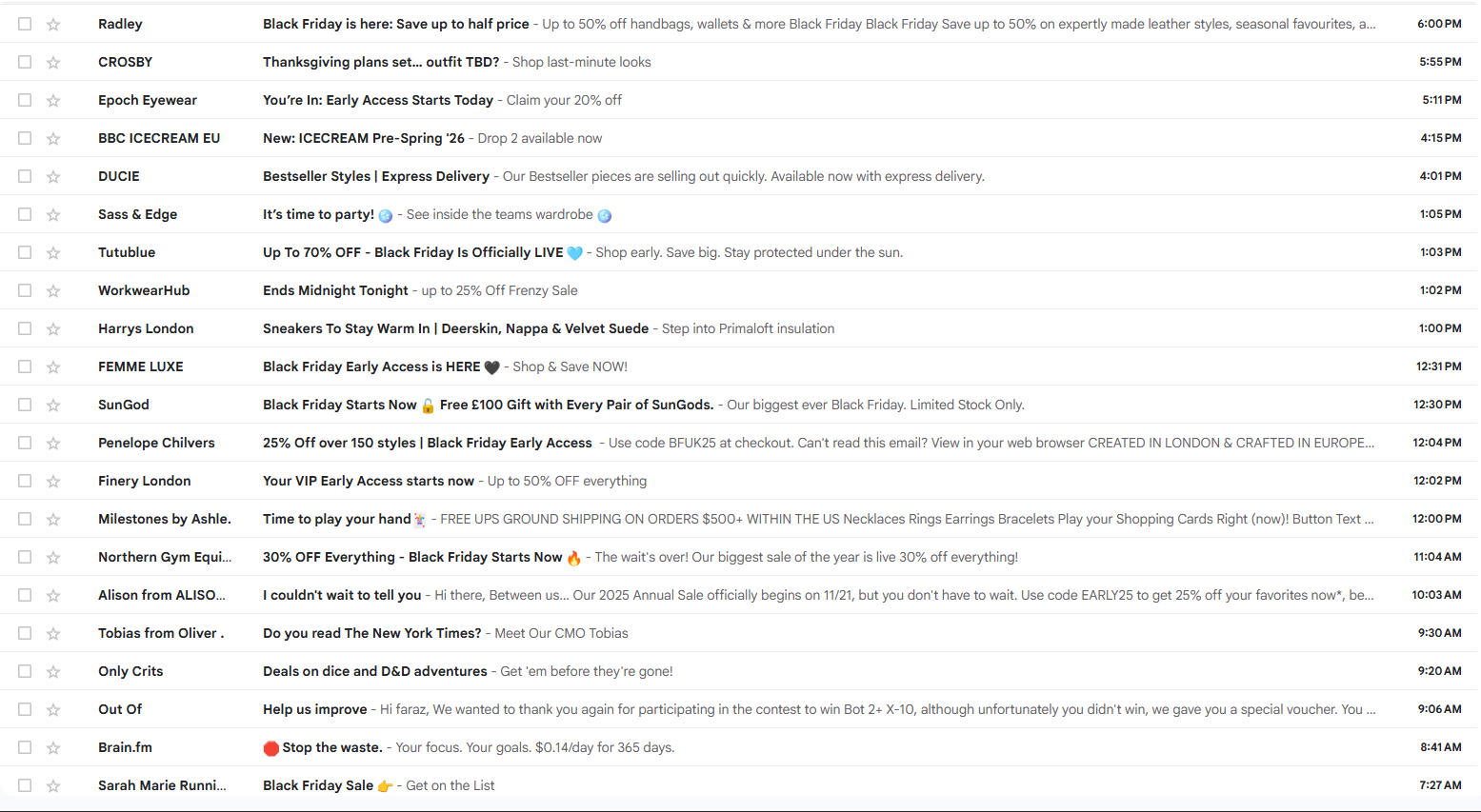 A screenshot of an email inbox with Black Friday offers