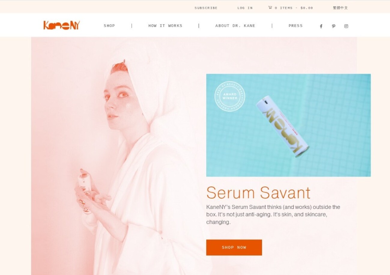 woocommerce examples: KaneNY home page showing serum savant product
