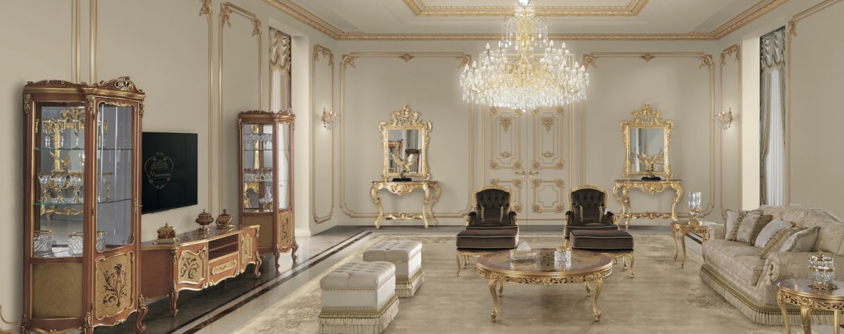 dropship furniture: luxurious furniture with gilded and trimmed parts in a spacious room