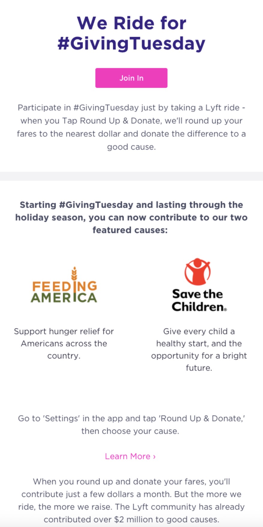 Lyft Giving Tuesday email encouraging users to join by rounding up ride fares for donation, featuring Feeding America and Save the Children logos.