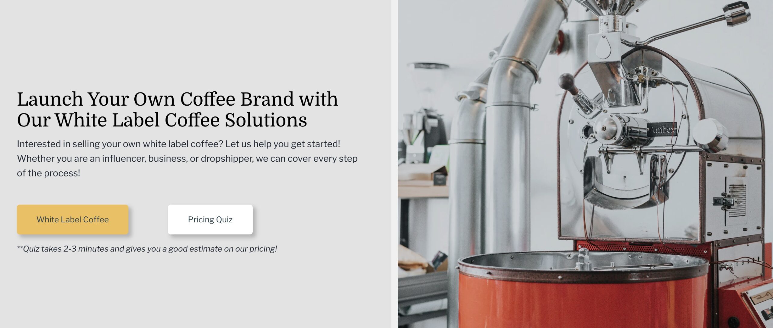 dropship coffee: a white label coffee supplier page where you can take a pricing quiz