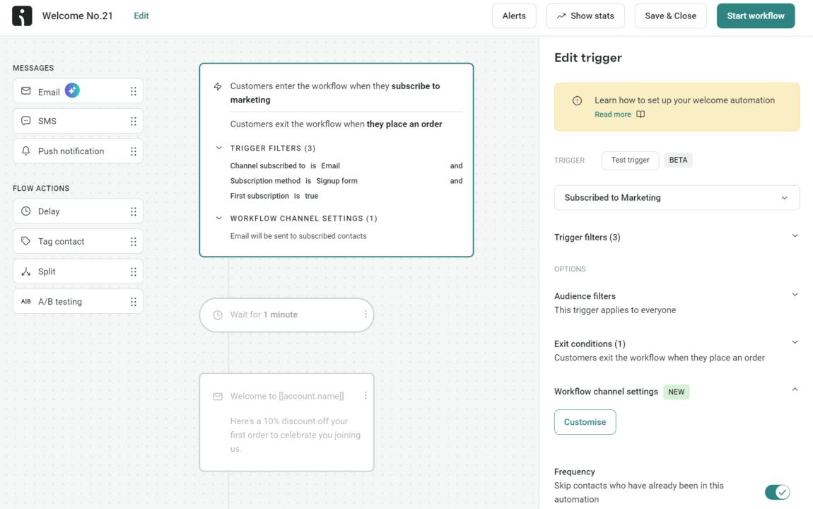 tea dropshipping: Omnisend's welcome series flow admin dashboard