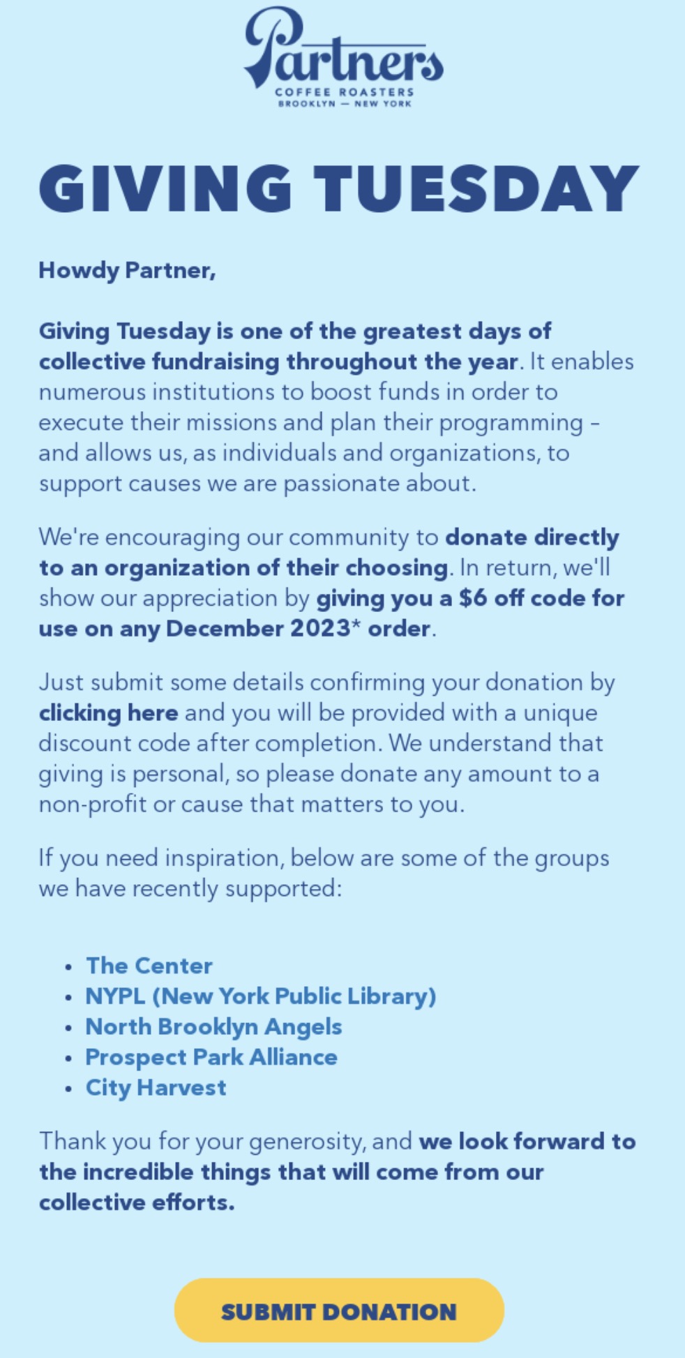 Partners Coffee Roasters Giving Tuesday email inviting customers to donate to a nonprofit of their choice, offering a discount code as appreciation, with a light blue background.