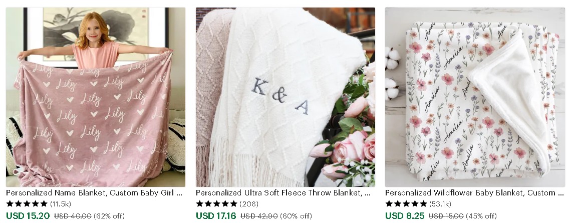 three different listings of personalized blankets with different names, initials, and prints.