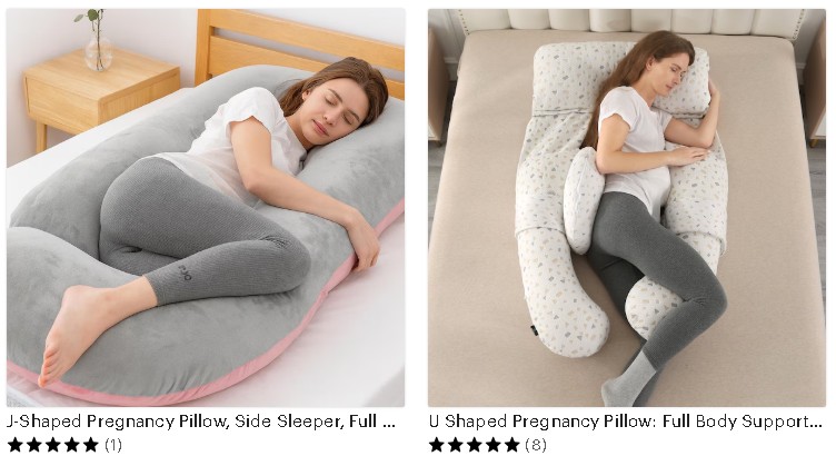 two grey pregnancy pillows in different shapes, with a woman lying on it