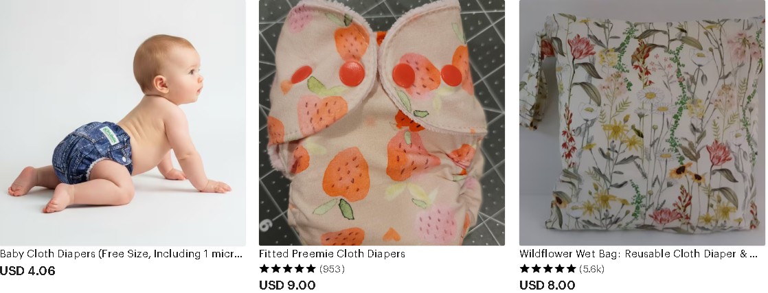 three listings of different reusable cloth diapers for babies