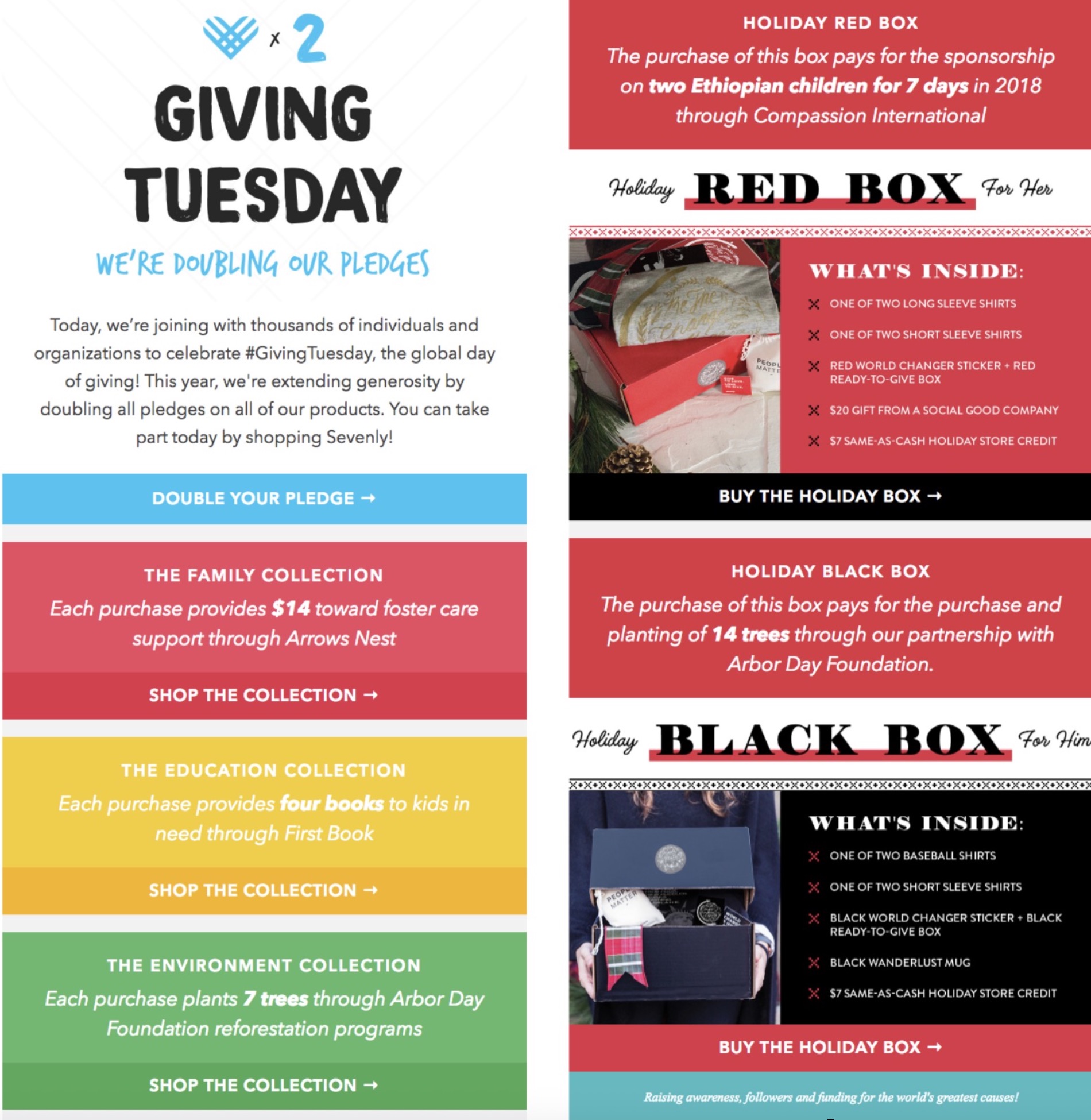 Sevenly Giving Tuesday email with colorful design promoting pledge doubling and themed collections such as Family, Education, and Environment, showing holiday gift boxes.