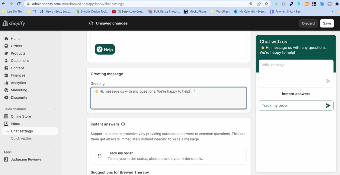 shopify inbox: admin dashboard showing where you can enter the greeting message.