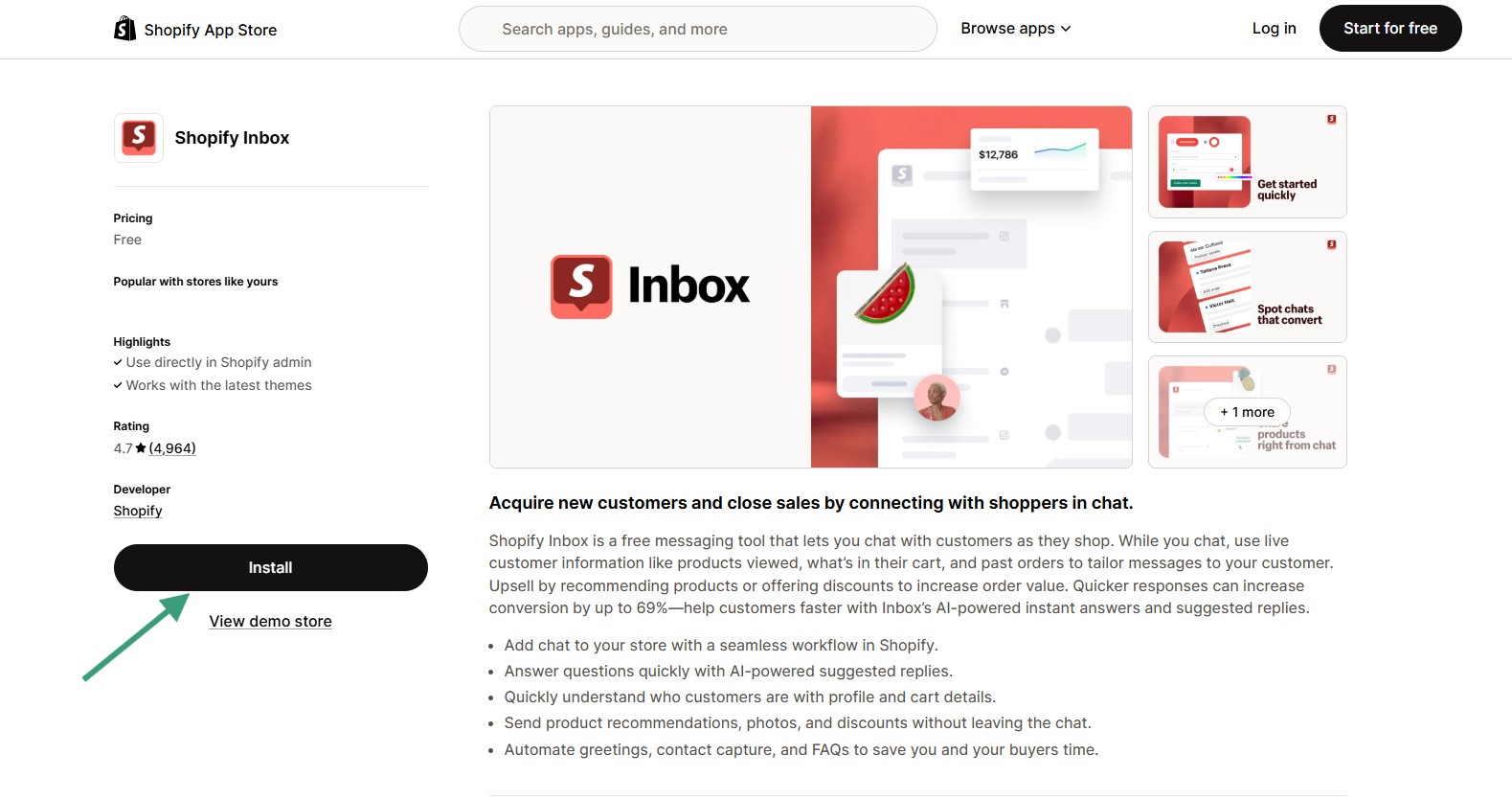 shopify inbox installation screen inside shopify app store with an "install" button