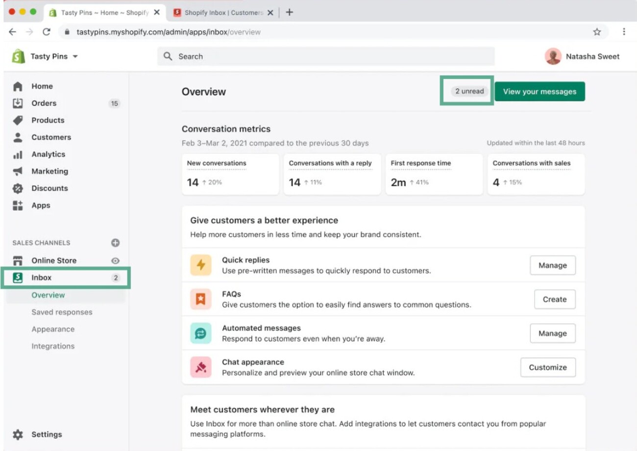 shopify inbox: overview dashboard showing 2 unread notifications
