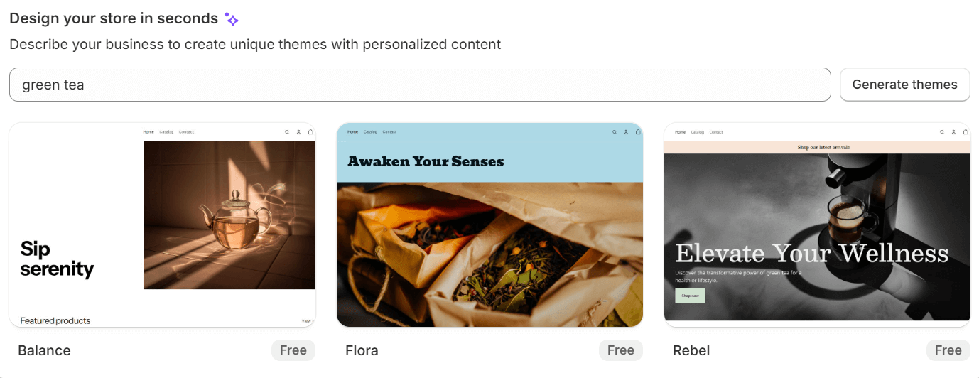tea dropshipping: Shopify dashboard showing AI site builder results for green tea