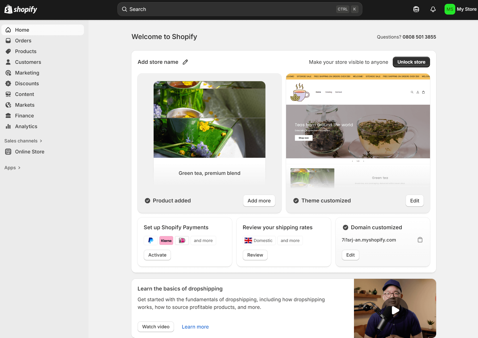 tea dropshipping: Shopify dashboard showing a tea store's admin settings