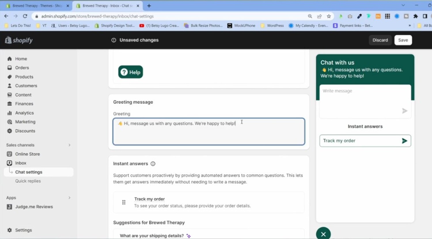 shopify inbox: admin dashboard showing where you can enter the greeting message.