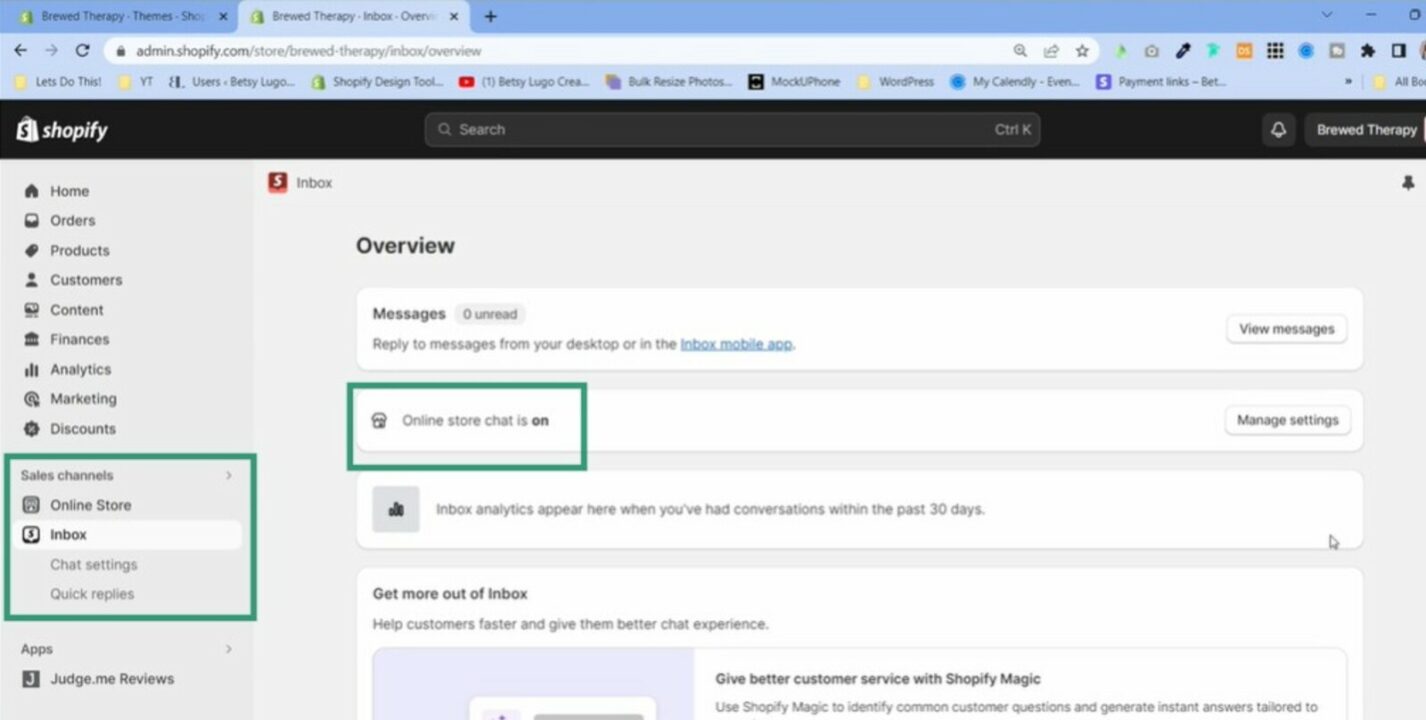 shopify inbox: inbox overview page highlighting that the online store chat is on and where you can access these settings