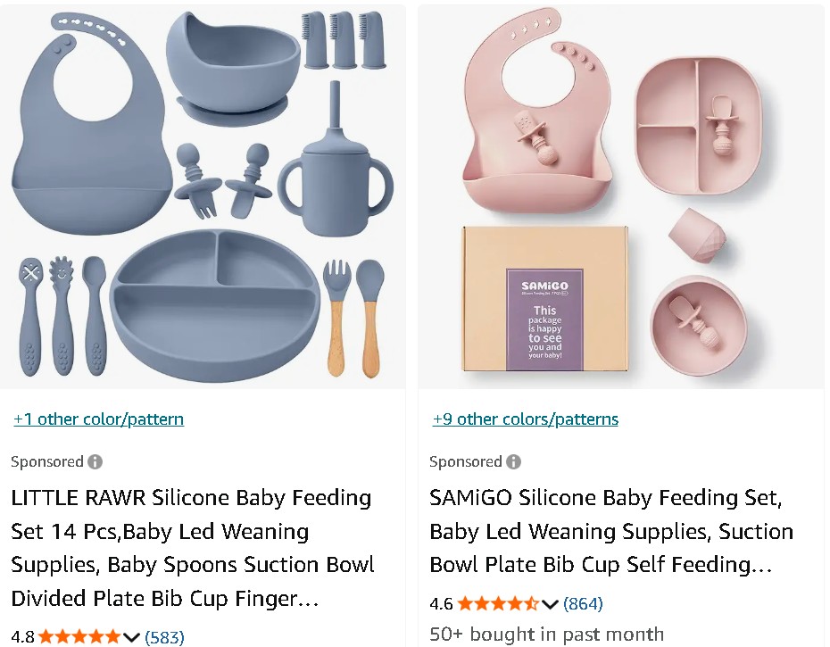 two different listings of silicone baby feeding sets, including silicone plates, utensils, and other parts