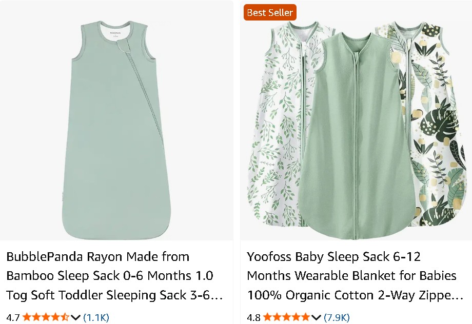 two different listings of baby sleep sacks in different colors and prints