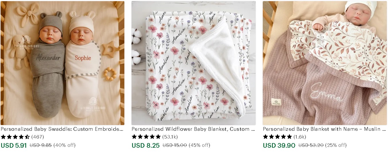 dropship baby products: Swaddle product listing showing 3 different baby blanket options