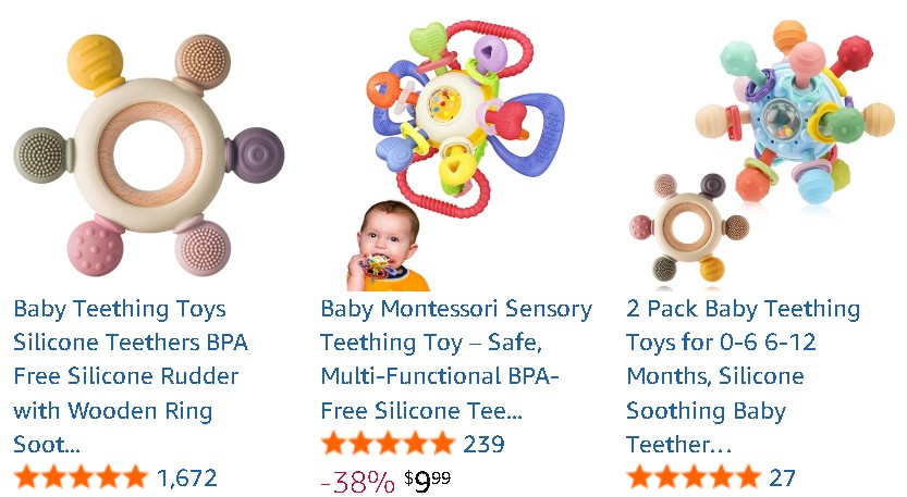 dropship baby products: three different listings of teething toys for babies in different shapes and colors