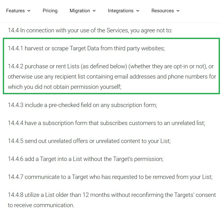 email list: terms of use showing that you agree not to harvest, scrape, purchase, or rent data and email lists