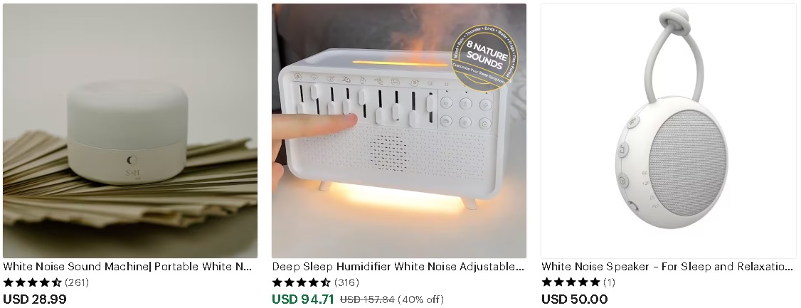 three different listings of white noise machines