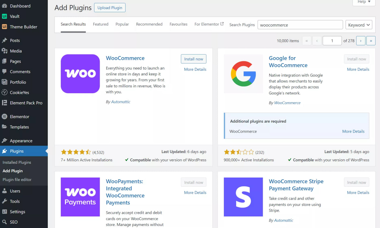 Plugin section of the WordPress admin dasshboard