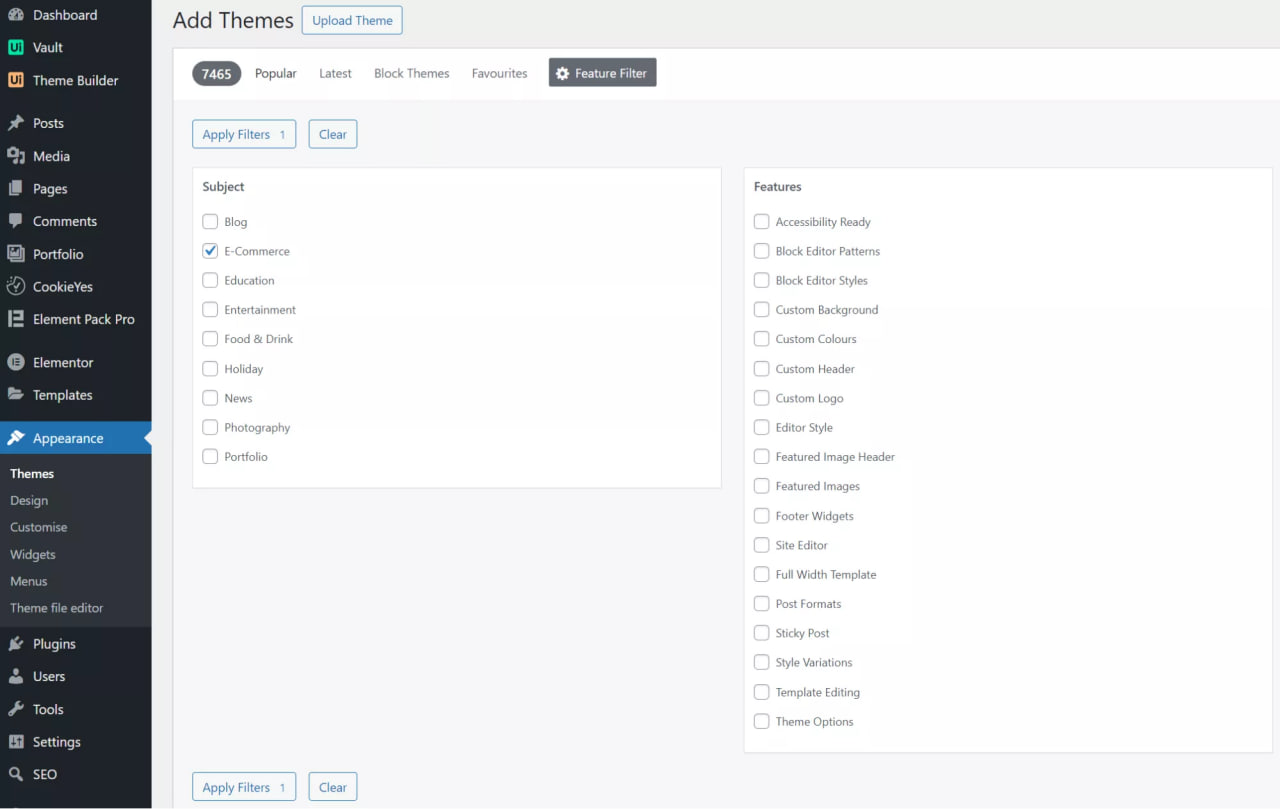 WooCommerce-ready theme selection filter