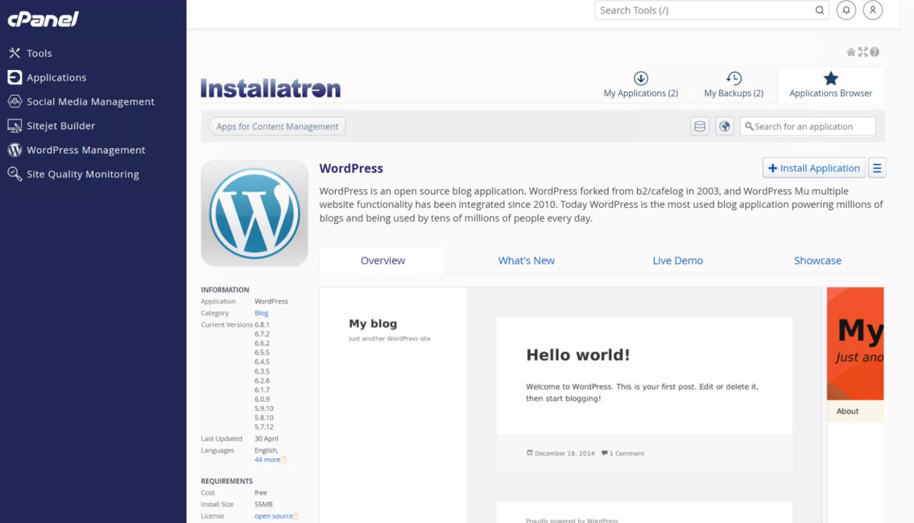 cPanel Installatron page displaying WordPress installation options, version info, and a preview of a sample blog