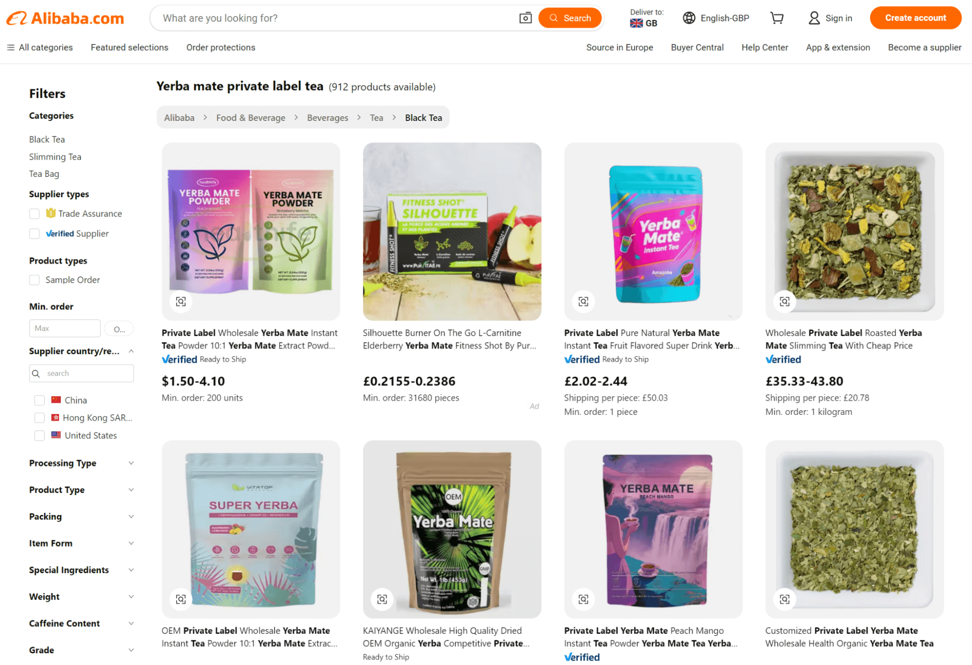 tea dropshipping: yerba mate's product listings on Alibaba's website