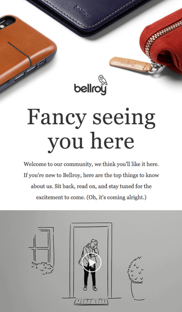 Welcome email from Bellroy featuring leather goods and a sketch animation preview, headline “Fancy seeing you here,” and community-focused copy.