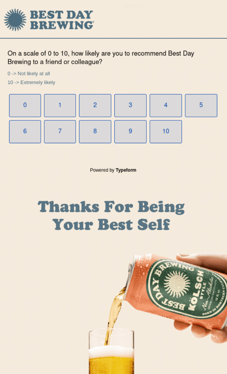 Customer feedback email from Best Day Brewing with an embedded Typeform rating scale (0–10) and image of a beer can being poured into a glass.