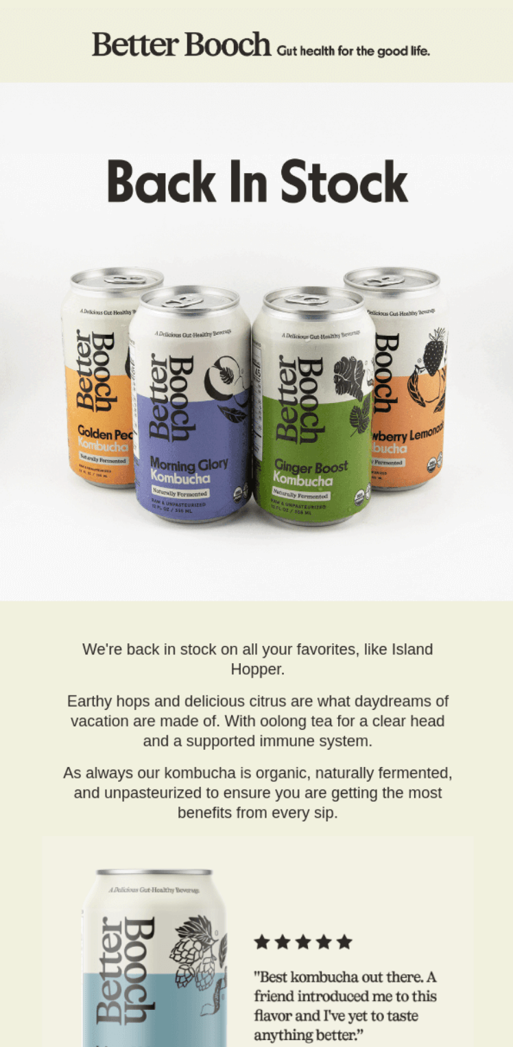 Back-in-stock email from Better Booch featuring kombucha cans and the headline “Back In Stock,” promoting organic and naturally fermented beverages.
