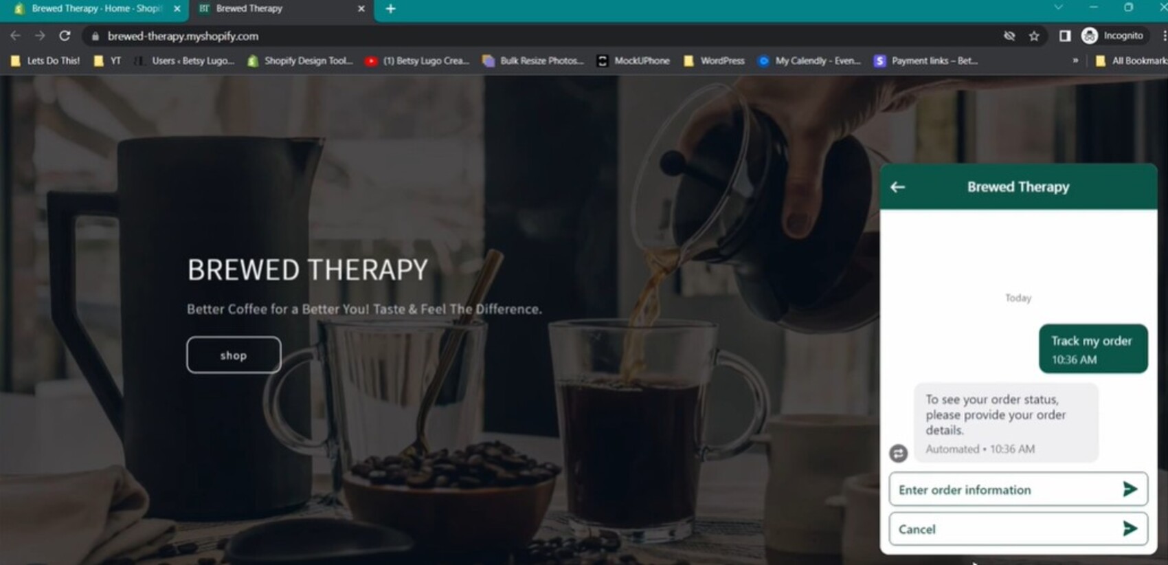 shopify inbox: user talking to the chat widget on brewed therapy website