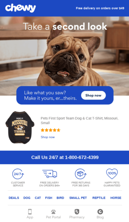 Browse abandonment email from Chewy featuring a French Bulldog and headline “Take a second look,” promoting a Missouri Tigers dog T-shirt with star ratings.