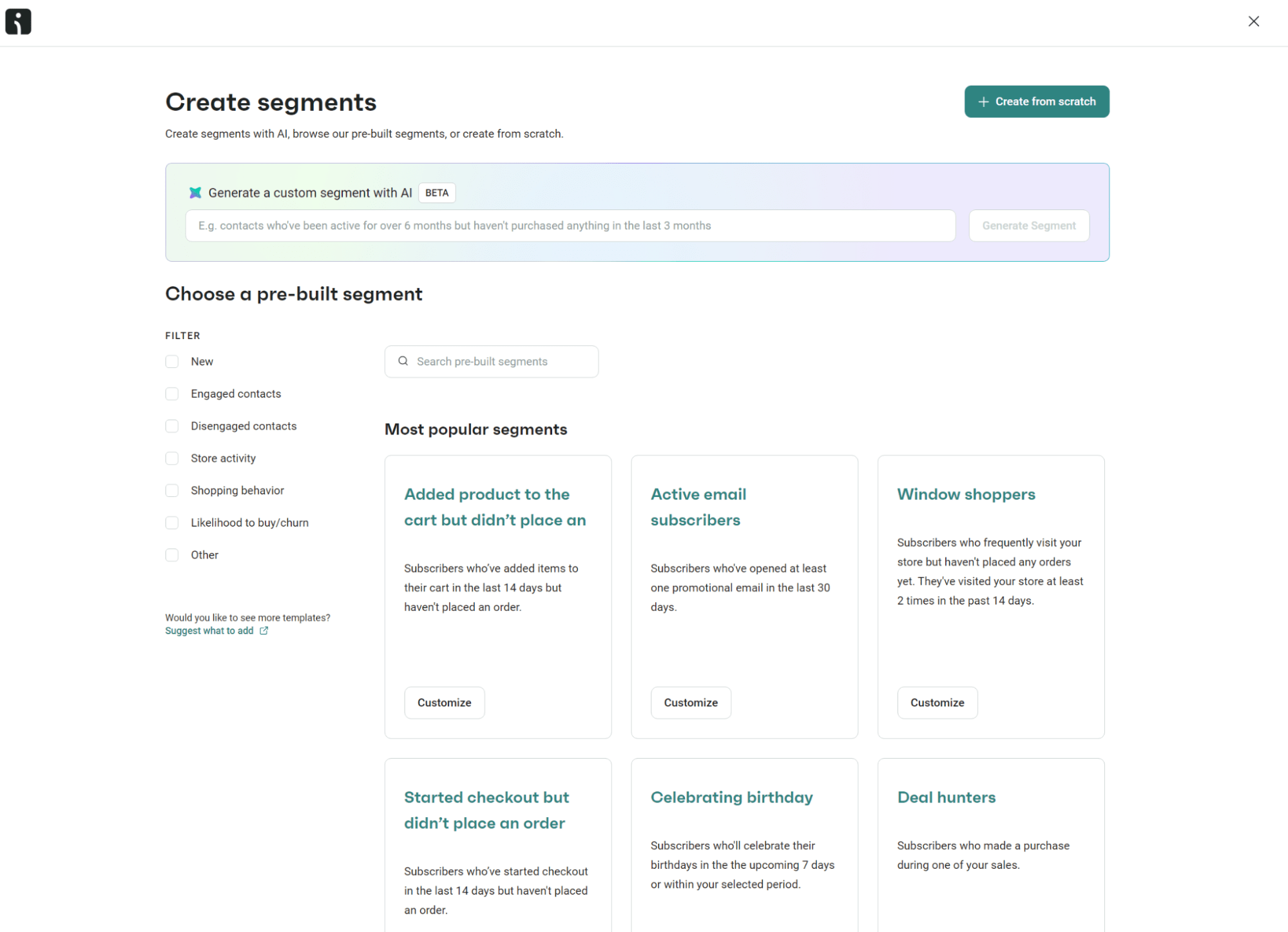Screenshot of an Omnisend segmentation interface showing pre-built segment templates like “Added product to cart” and “Active email subscribers.”