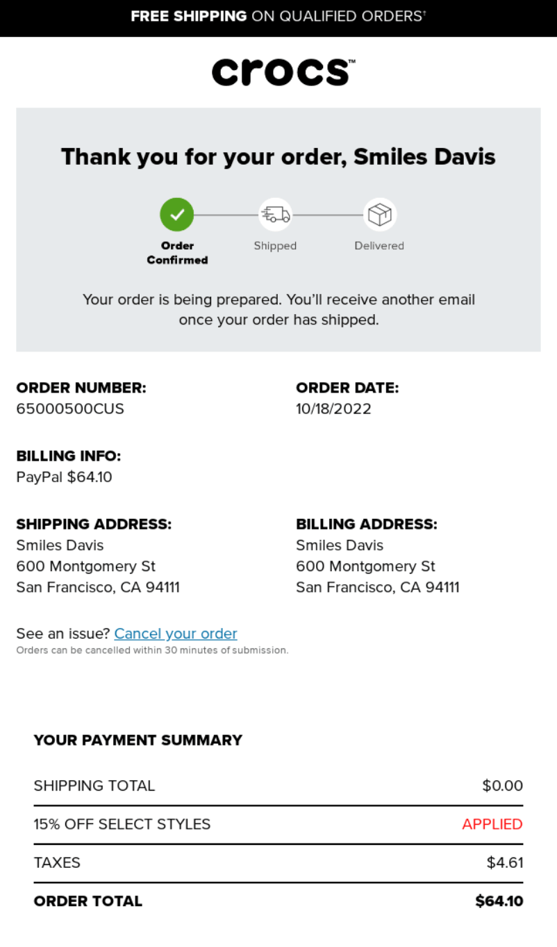Order confirmation email from Crocs showing order progress steps, order details, and payment summary with a clean white and gray design.