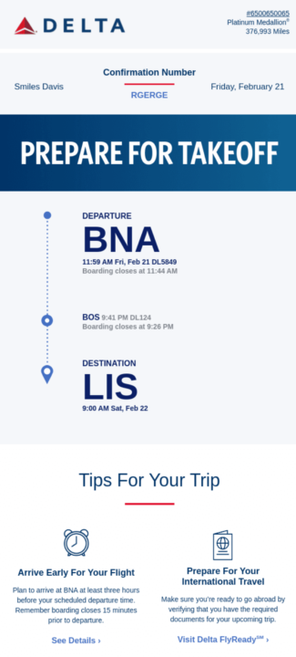 Flight booking confirmation email from Delta with blue “Prepare for Takeoff” headline, flight details from BNA to LIS, and travel tips section.
