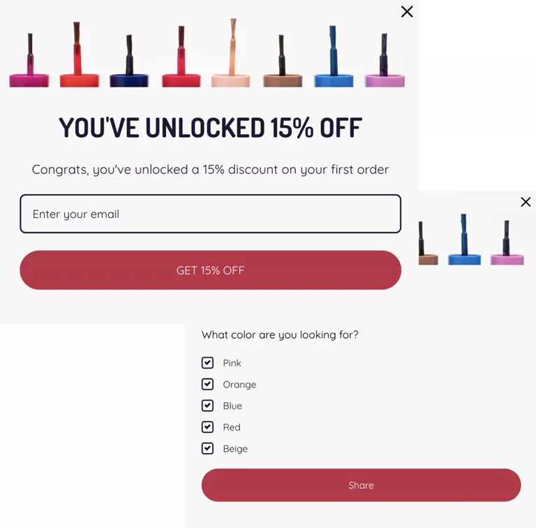 email list: embedded signup form that offers 15% off when you signup with different color categories for segmentation