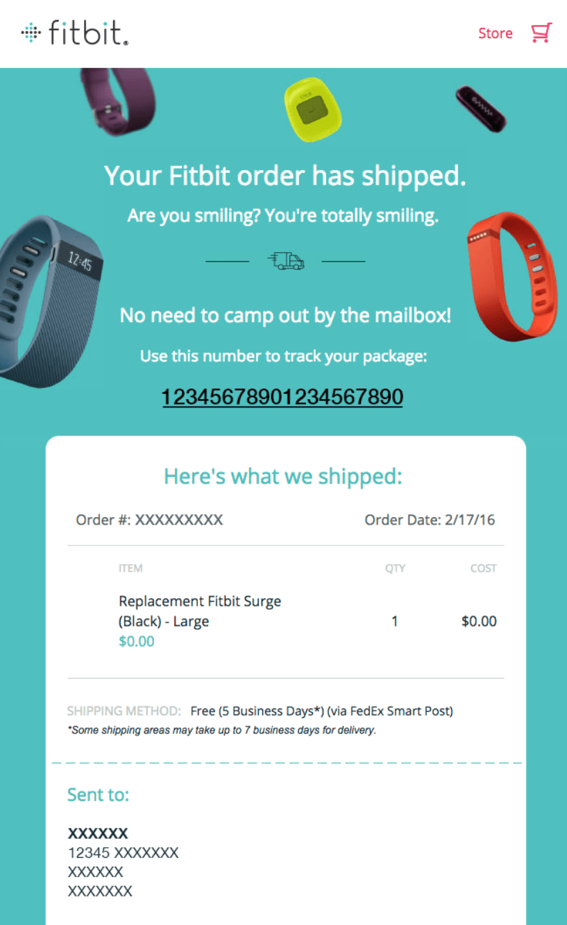 Shipping confirmation email from Fitbit with bright teal background and product images, headline “Your Fitbit order has shipped,” and tracking number section.