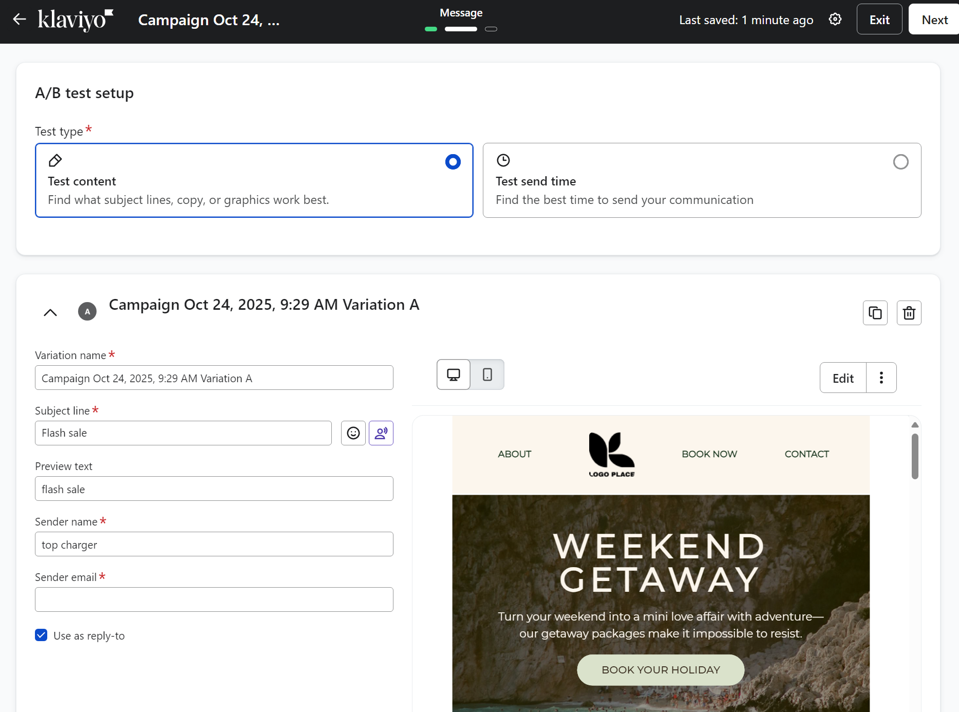 klaviyo a/b test setup