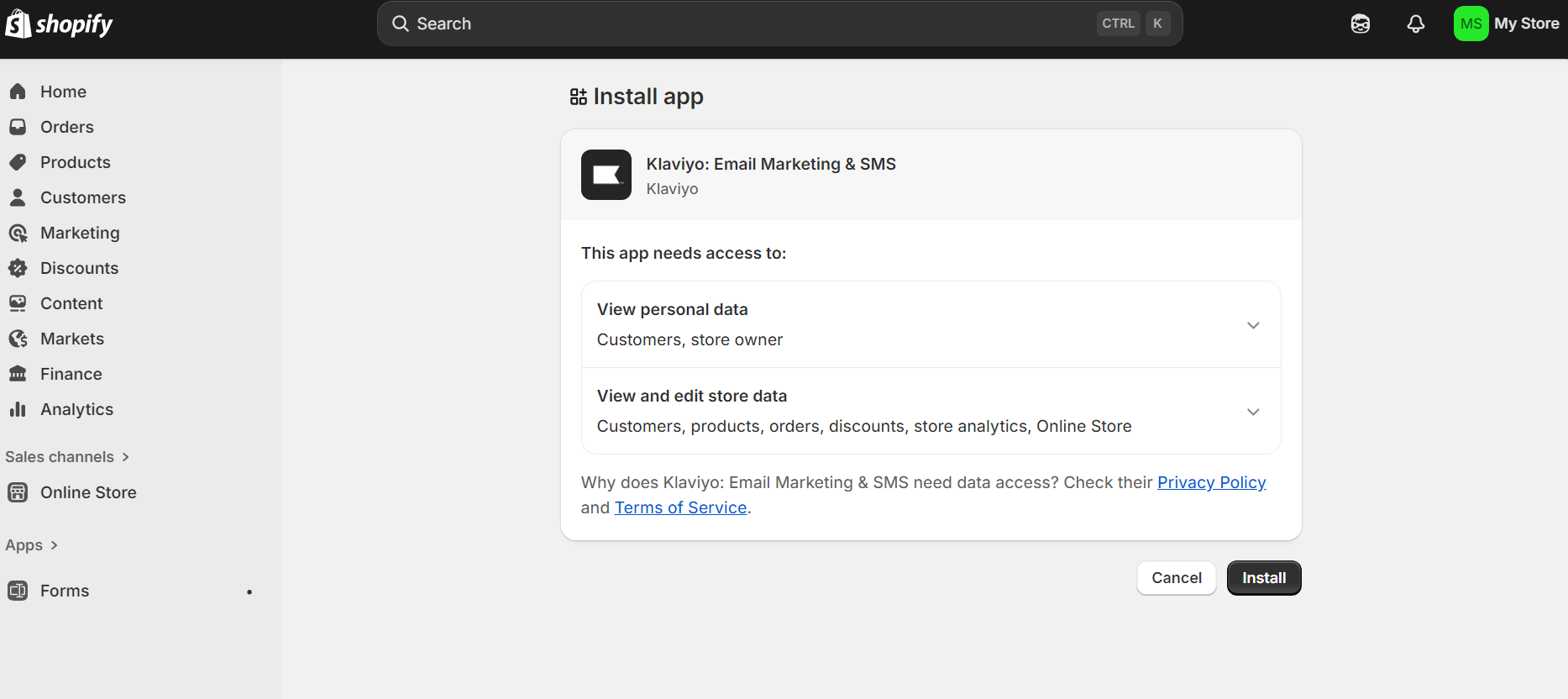 Shopify app install screen showing Klaviyo Email Marketing & SMS data access permissions